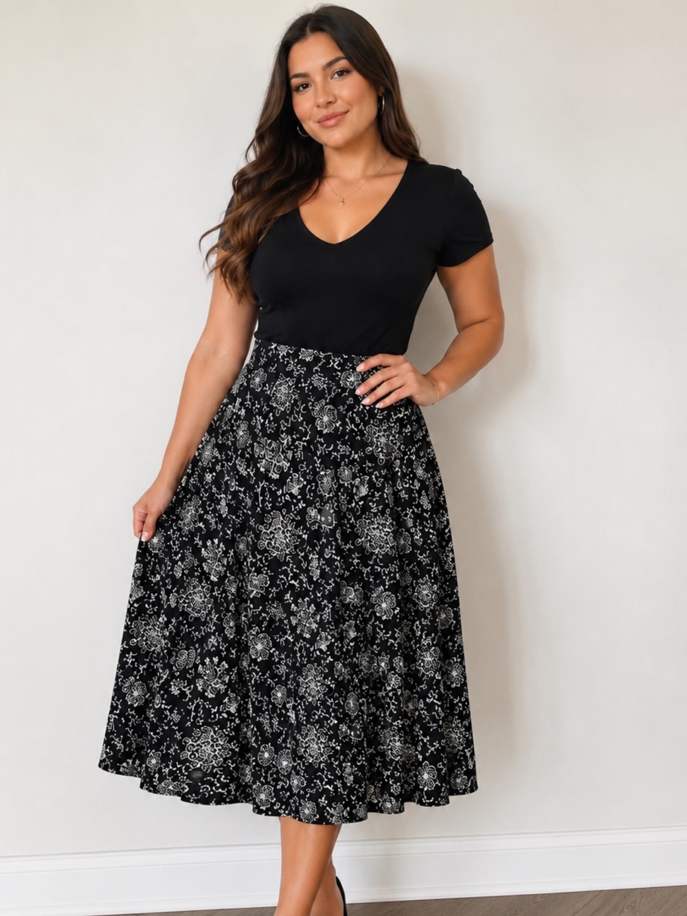 GAP Floral 100% Linen A-Line Skirt Black White Midi Boho Summer - Size 12R